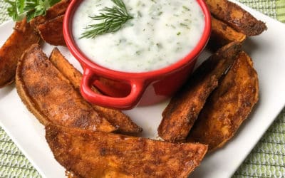 Spicy Sweet Potato Wedges  with Herbed Coconut Yogurt Dip